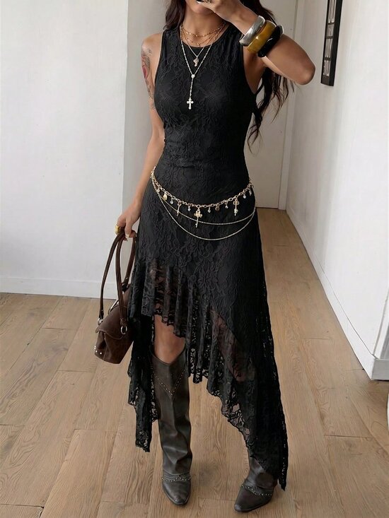 MODA ME COUTURE Dresses & Skirts - Black Boho Women's Lace Asymmetrical Ruffle Hem Dress